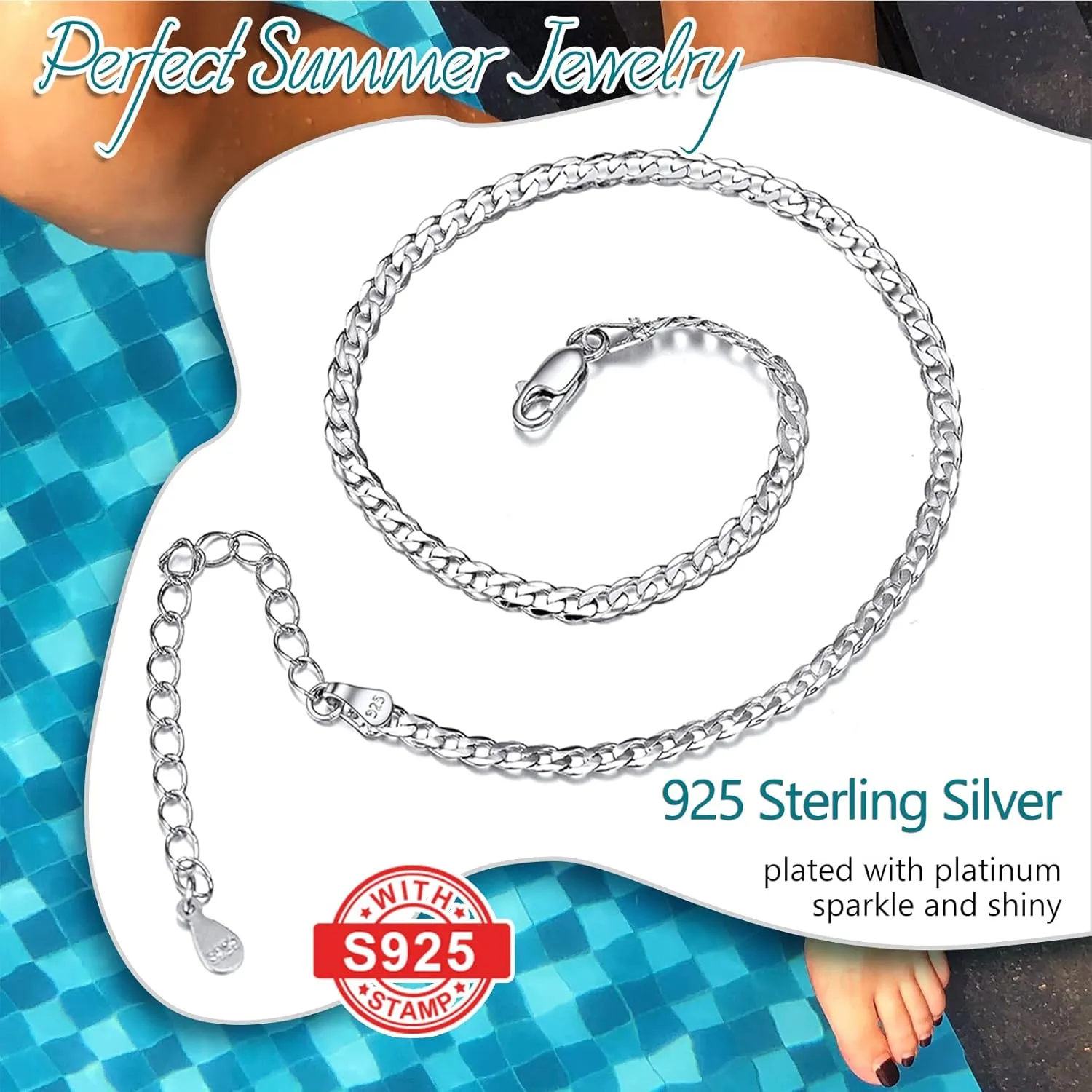 PROSILVER 925 Sterling Silver Ankle Bracelets For Women, Stylish Chain Anklets, Summer Beach Jewelry, 8.6-10.6 Inch Adjustable, Come with Box