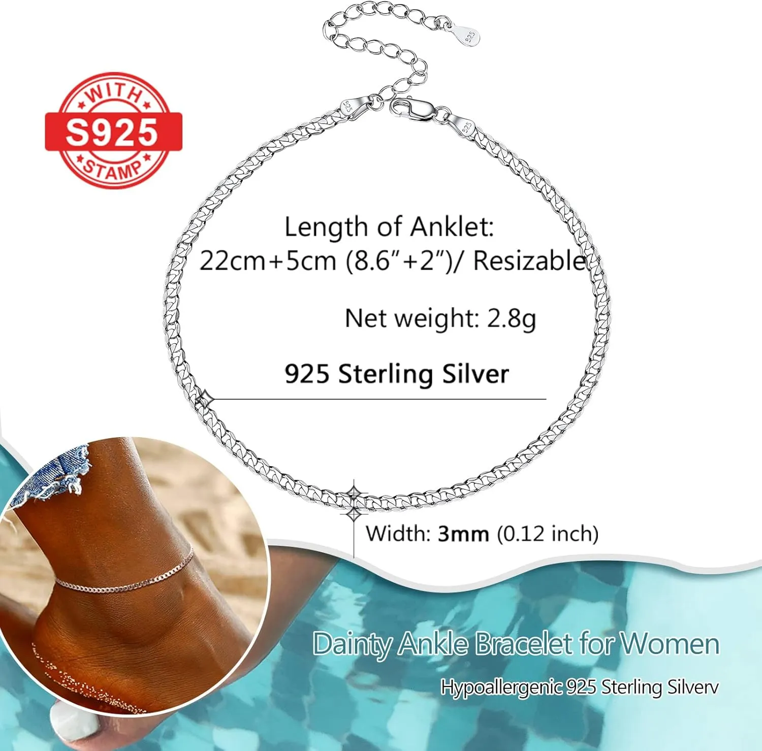 PROSILVER 925 Sterling Silver Ankle Bracelets For Women, Stylish Chain Anklets, Summer Beach Jewelry, 8.6-10.6 Inch Adjustable, Come with Box