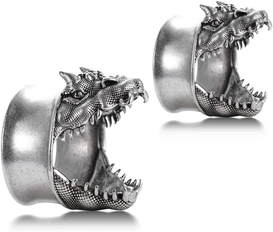 PUNKYOUTH 2PCS Punk Dragon Ear Gauges Hollow Double Flared Plugs Tunnels Cool Brass Hangers Ear Stretcher Expander Earrings For Women Men Gauge 8mm-25mm