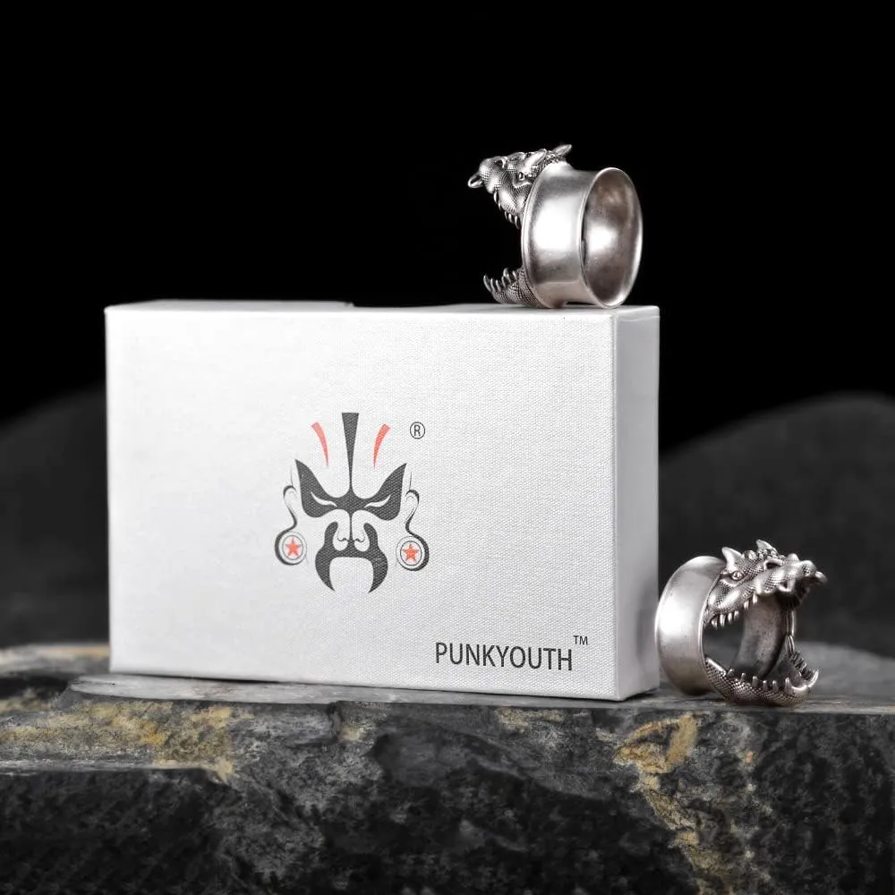 PUNKYOUTH 2PCS Punk Dragon Ear Gauges Hollow Double Flared Plugs Tunnels Cool Brass Hangers Ear Stretcher Expander Earrings For Women Men Gauge 8mm-25mm