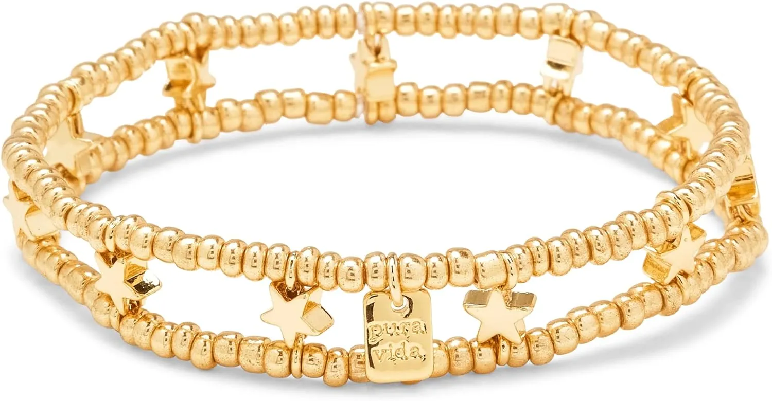Pura Vida Bracelet Gold Star Charm Bracelet - Beaded Bracelet with Stretchable Cord, String Bracelet for Women - Stackable Bracelets, Handmade Braceletss - One Size