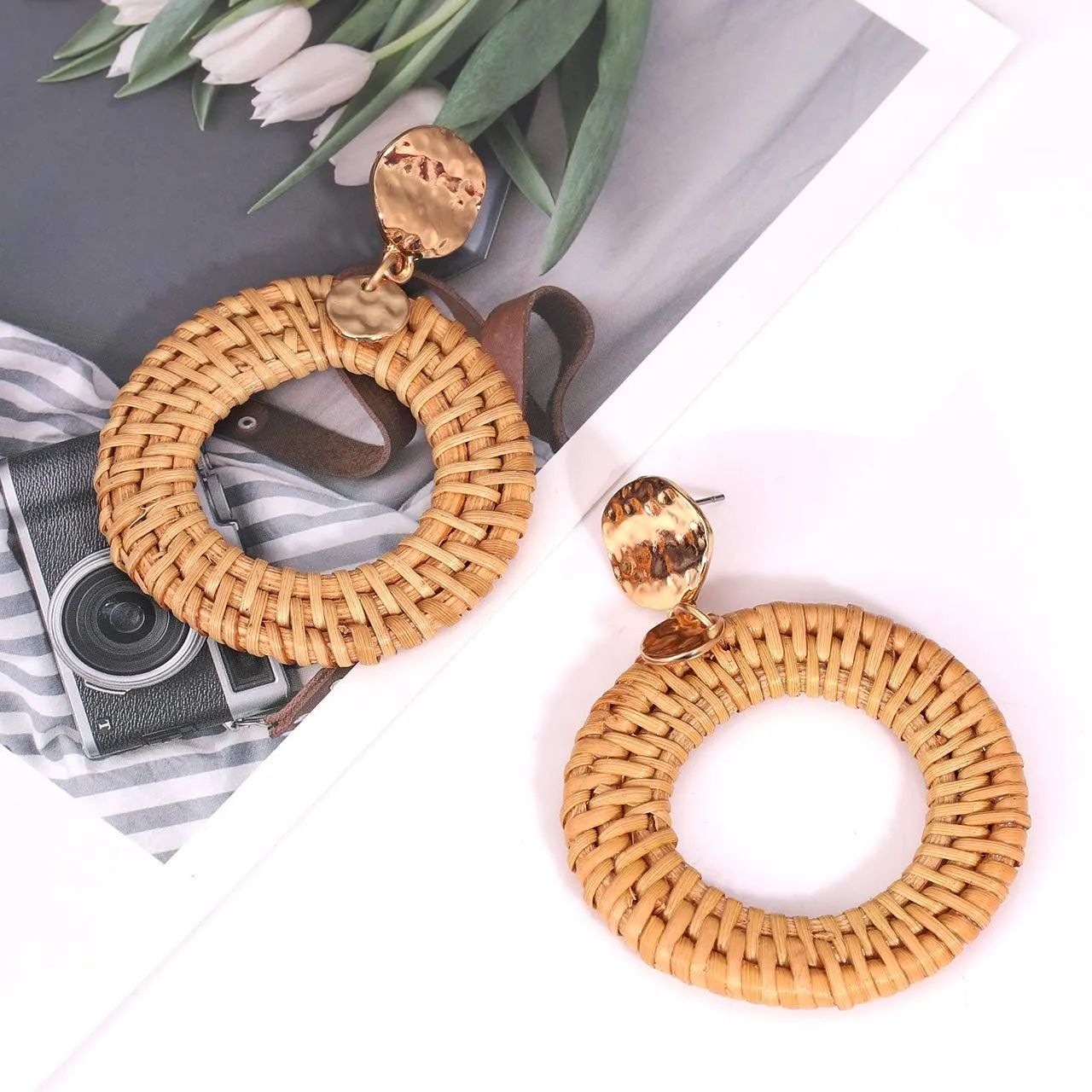 Rattan Hoop Earrings Woven Handmade Straw Circle Drop Earrings Hammered Disc Stud Wicker Bohemian Lightweight Earrings for Women