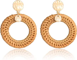 Rattan Hoop Earrings Woven Handmade Straw Circle Drop Earrings Hammered Disc Stud Wicker Bohemian Lightweight Earrings for Women