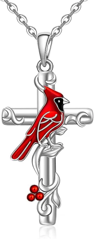 Red Cardinal Necklace for Women Sterling Silver Cardinal Cross Necklaces Pendant Memorial Sympathy Cardinal Bird Jewelry Charms Mothers Day Christmas Gifts