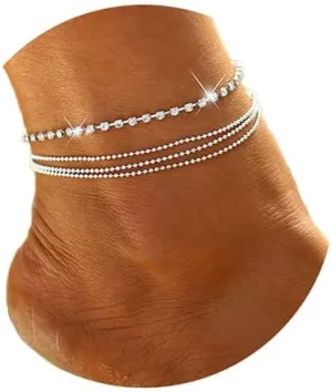 Rhinestone Layered Anklet Brackets Fashion Multilayer Anklet Bracket Silver Bead Anklet Chain Beach Foot Jewelry for Women