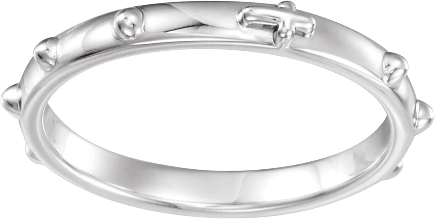 Rhodium Plated Sterling Silver 2.50mm Rosary Ring  Elegant Faith-Inspired Jewelry for Men and Women