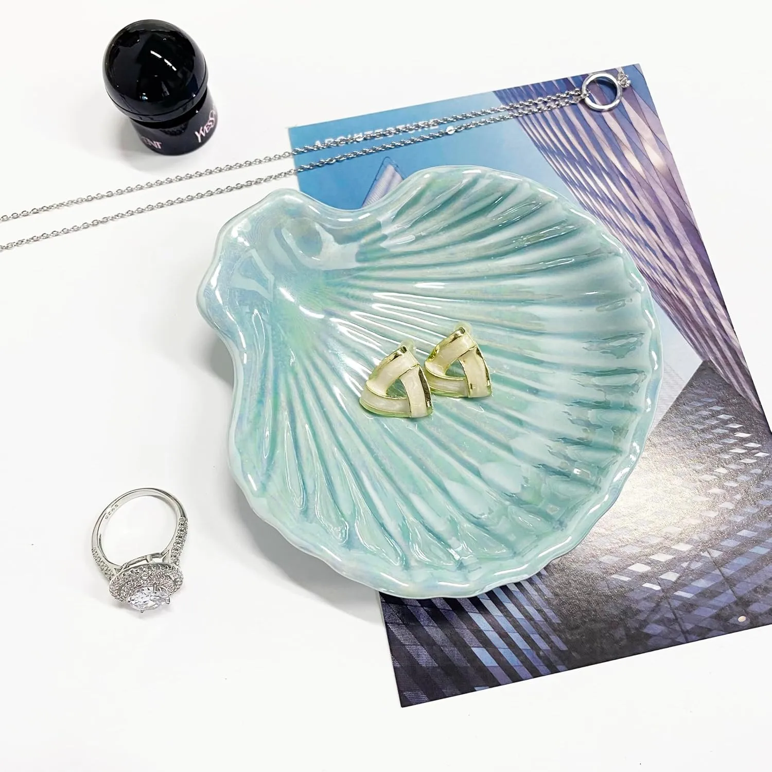 Ring Dish Shell Shape Ceramic Jewelry Dish Tray, Decorative Trinket Dish Organizing Rings Earrings Necklaces Keys for Mom Friend Sister, 3.9", Blue Iridescent Surface