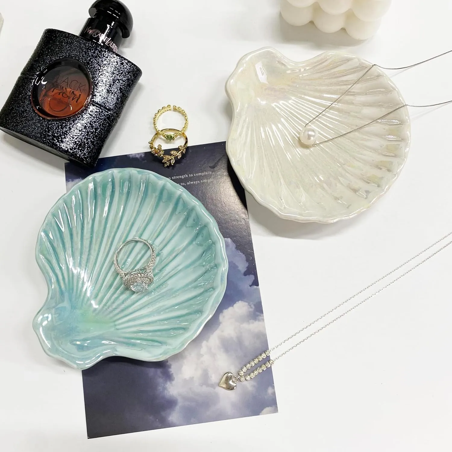 Ring Dish Shell Shape Ceramic Jewelry Dish Tray, Decorative Trinket Dish Organizing Rings Earrings Necklaces Keys for Mom Friend Sister, 3.9", Blue Iridescent Surface