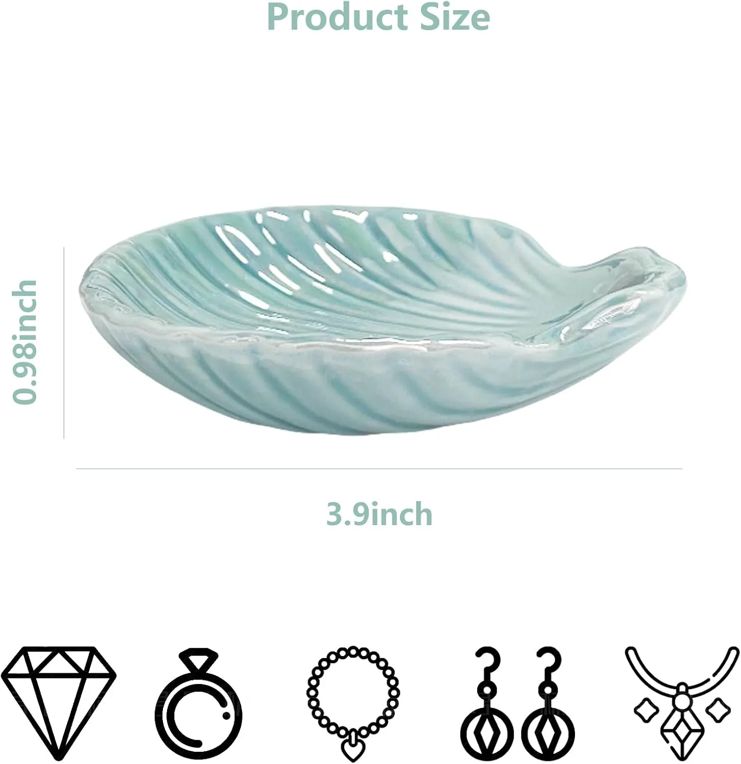 Ring Dish Shell Shape Ceramic Jewelry Dish Tray, Decorative Trinket Dish Organizing Rings Earrings Necklaces Keys for Mom Friend Sister, 3.9", Blue Iridescent Surface