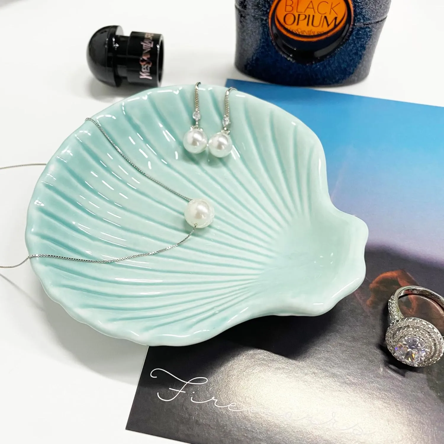 Ring Dish Shell Shape Ceramic Jewelry Dish Tray, Decorative Trinket Dish Organizing Rings Earrings Necklaces Keys for Mom Friend Sister, 3.9", Blue Iridescent Surface