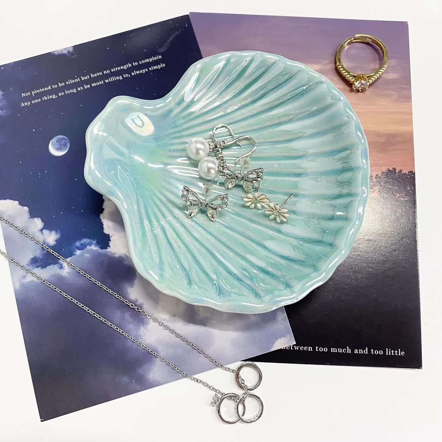 Ring Dish Shell Shape Ceramic Jewelry Dish Tray, Decorative Trinket Dish Organizing Rings Earrings Necklaces Keys for Mom Friend Sister, 3.9", Blue Iridescent Surface