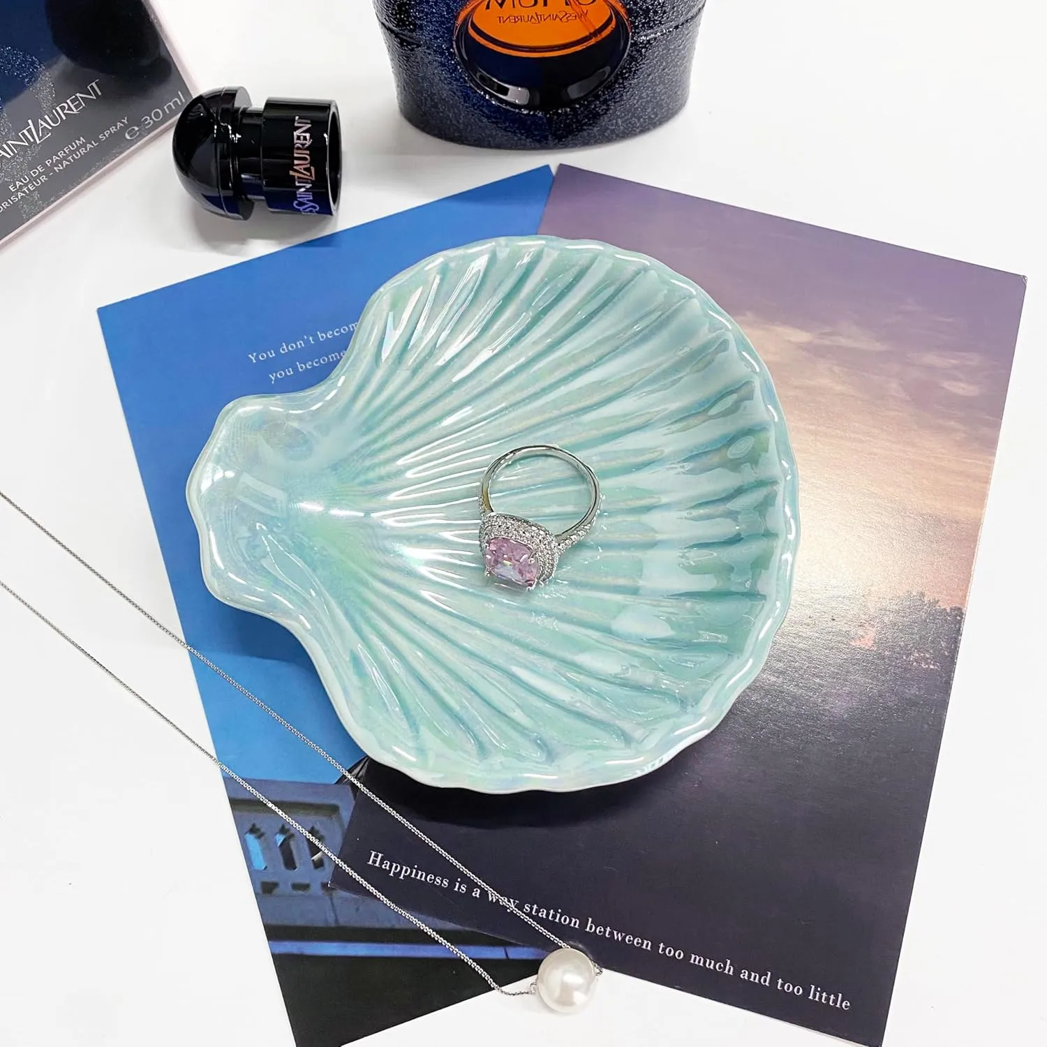 Ring Dish Shell Shape Ceramic Jewelry Dish Tray, Decorative Trinket Dish Organizing Rings Earrings Necklaces Keys for Mom Friend Sister, 3.9", Blue Iridescent Surface