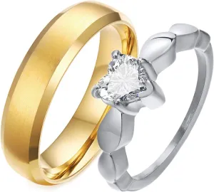 Ring Fashion, 6MM Stainless Steel Couple Ring Gold Silver Brushed with White Heart Cubic Zirconia Jewelry Rings Simple