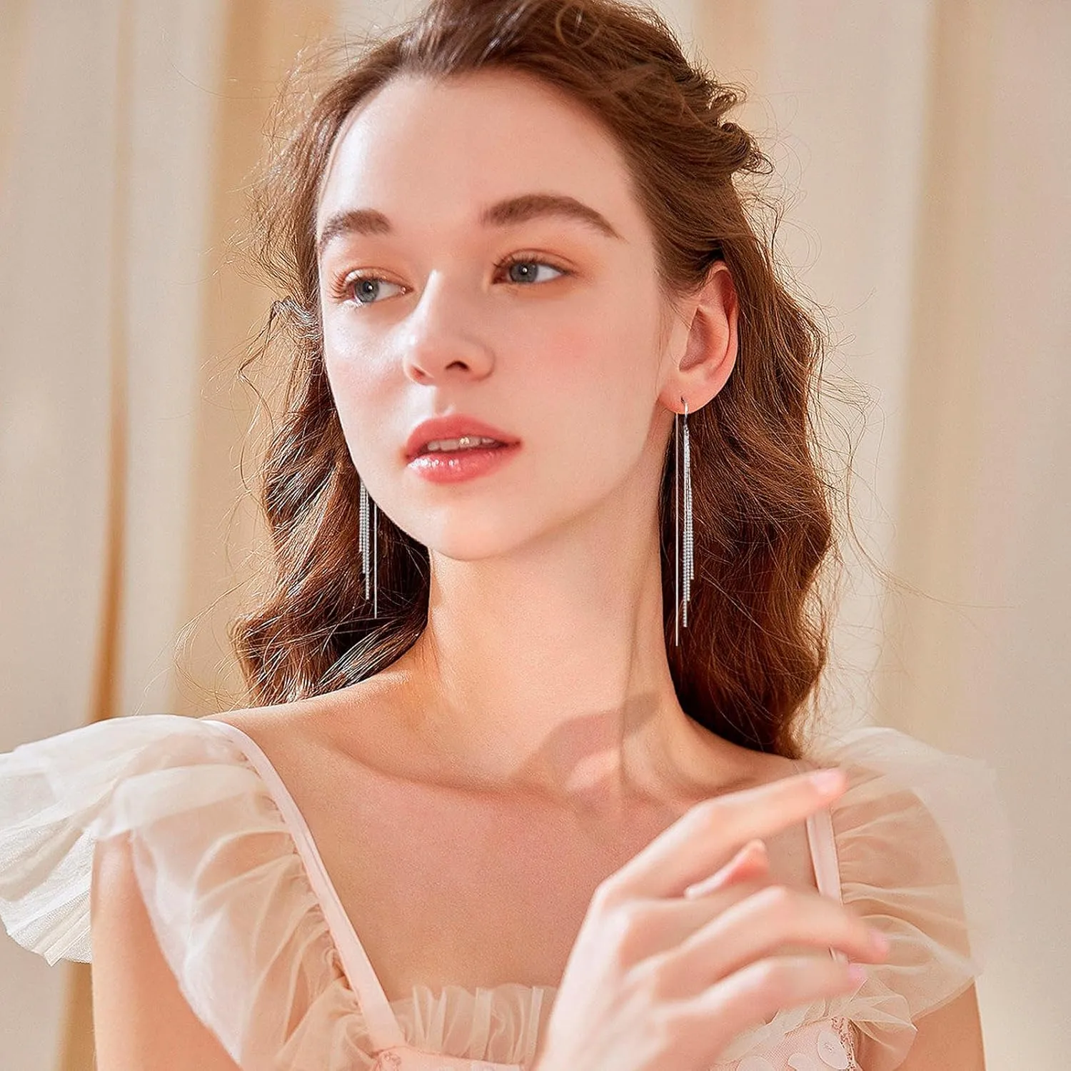Ritach Silver Dangle Earrings for Women Long Silver Threader Prom Earrings Sparkly Dangle Drop Cubic Zirconia Jewelry for Gifts