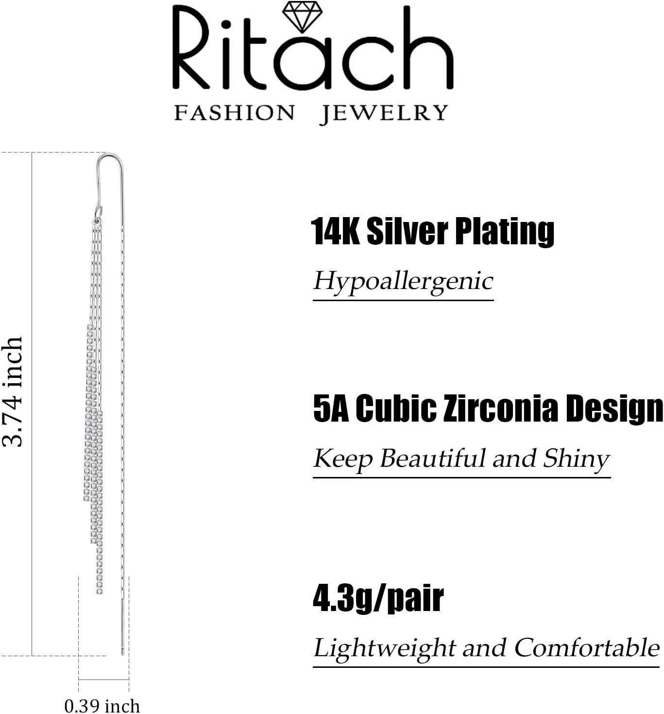 Ritach Silver Dangle Earrings for Women Long Silver Threader Prom Earrings Sparkly Dangle Drop Cubic Zirconia Jewelry for Gifts