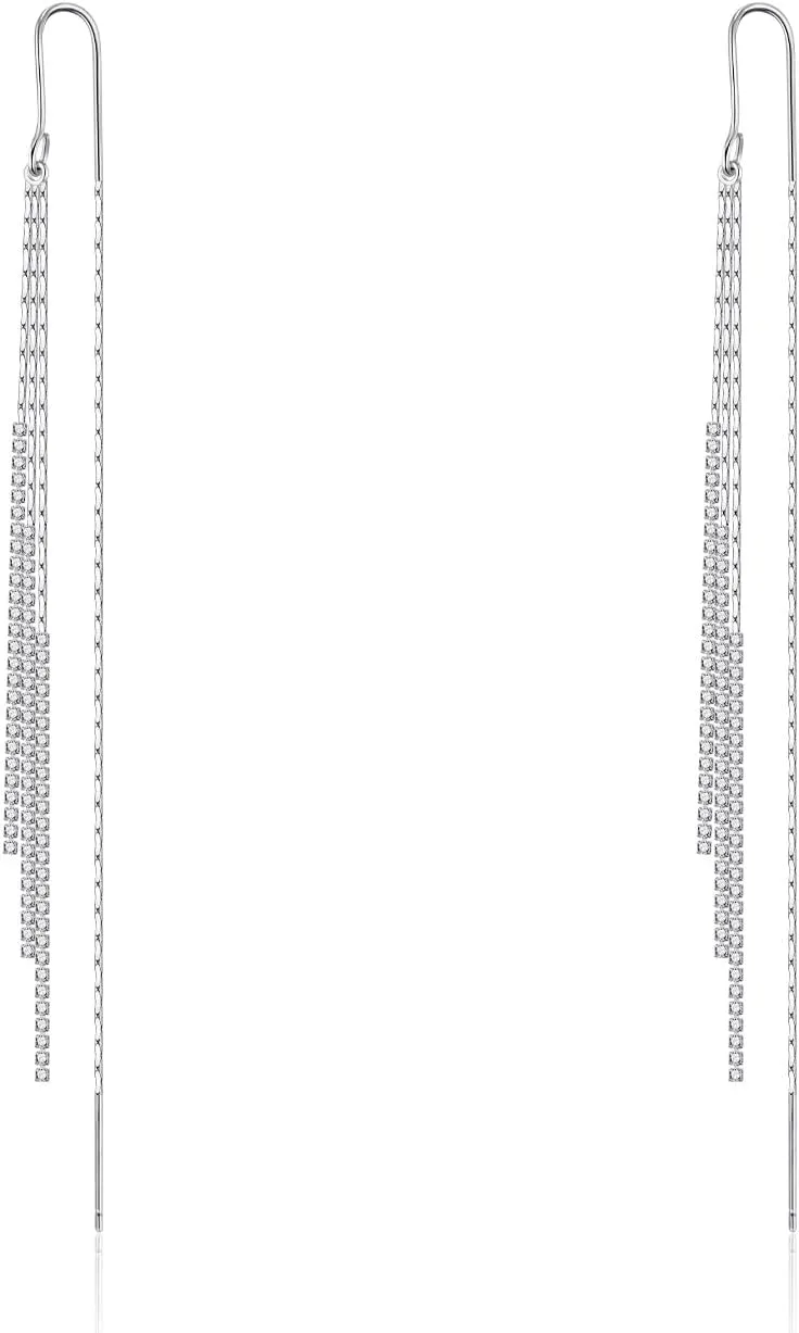 Ritach Silver Dangle Earrings for Women Long Silver Threader Prom Earrings Sparkly Dangle Drop Cubic Zirconia Jewelry for Gifts