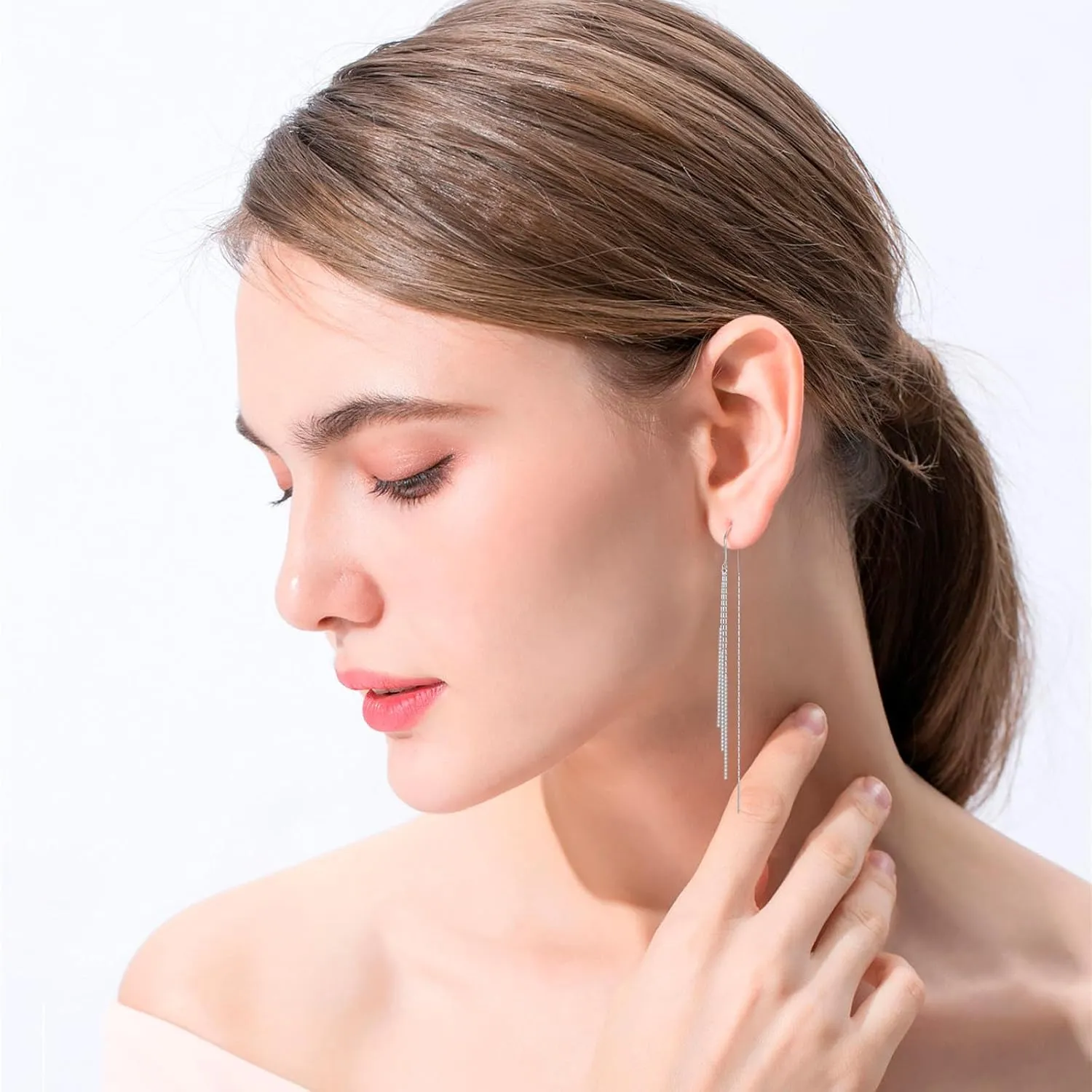 Ritach Silver Dangle Earrings for Women Long Silver Threader Prom Earrings Sparkly Dangle Drop Cubic Zirconia Jewelry for Gifts