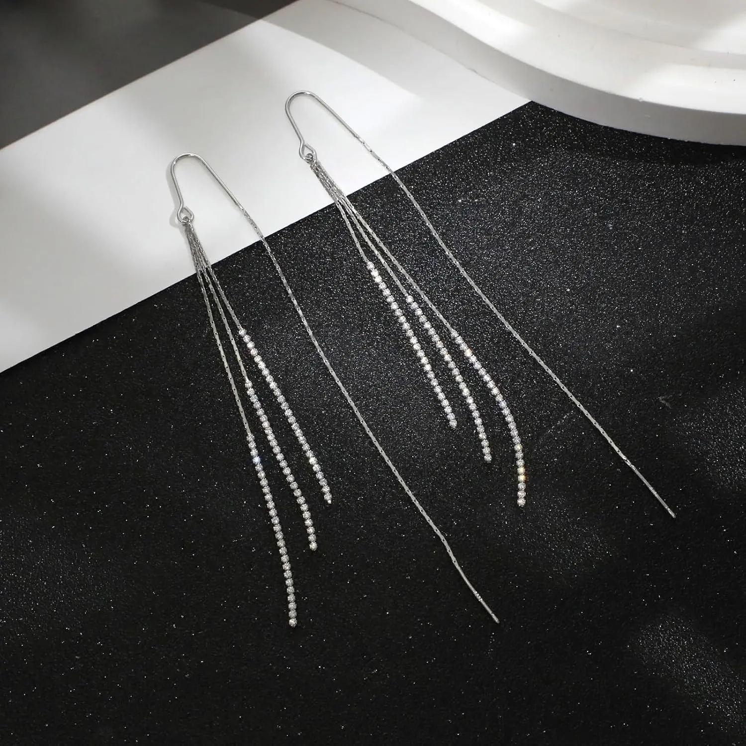 Ritach Silver Dangle Earrings for Women Long Silver Threader Prom Earrings Sparkly Dangle Drop Cubic Zirconia Jewelry for Gifts