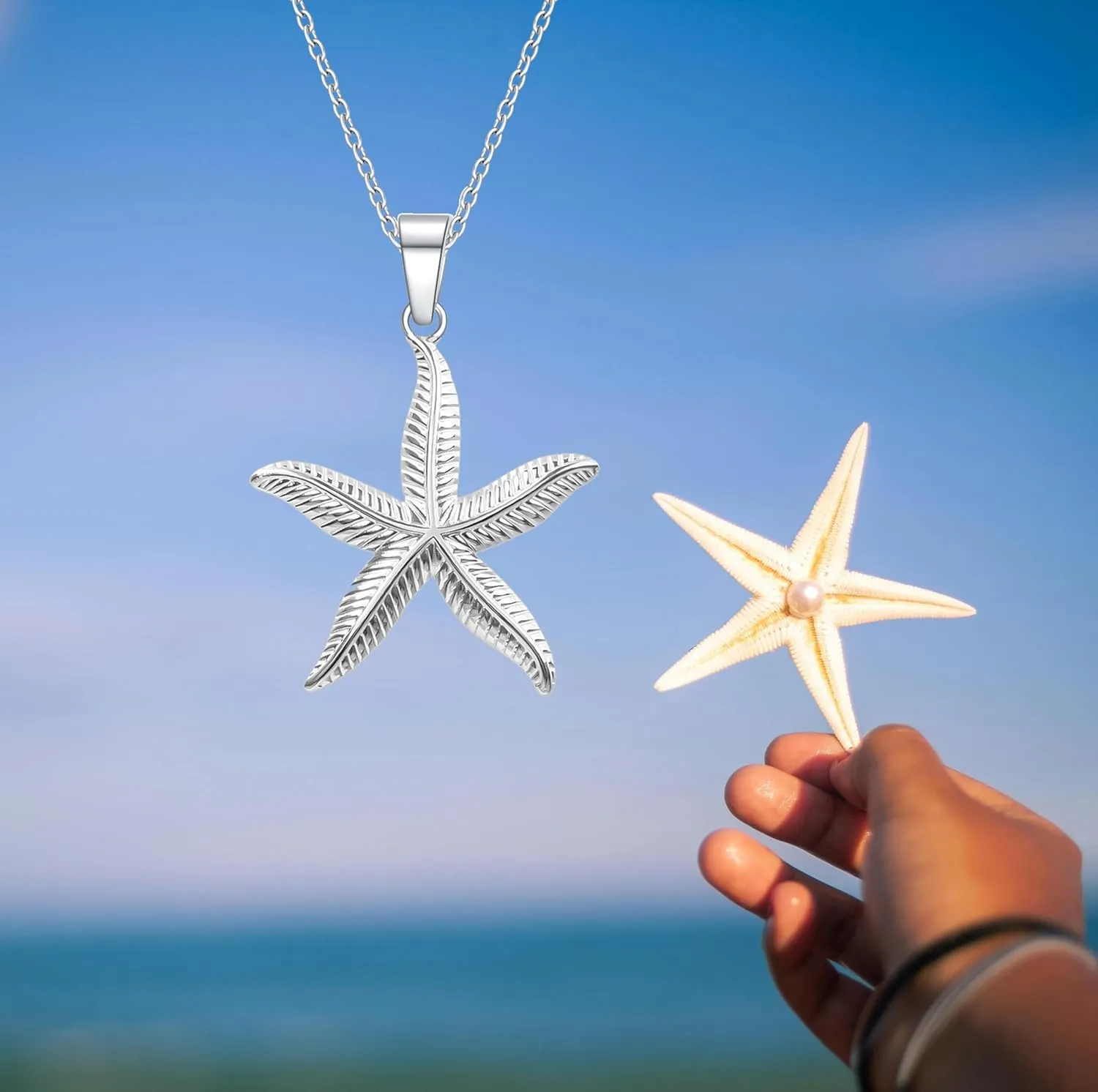 Rnivida Shell and Starfish Pendant Necklace for Women,14k Gold Plated Stainless Steel Summer Beach Jewelry Gift for Her