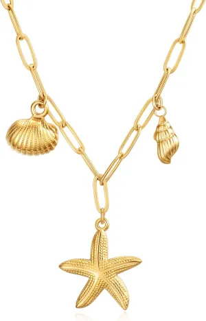 Rnivida Shell and Starfish Pendant Necklace for Women,14k Gold Plated Stainless Steel Summer Beach Jewelry Gift for Her