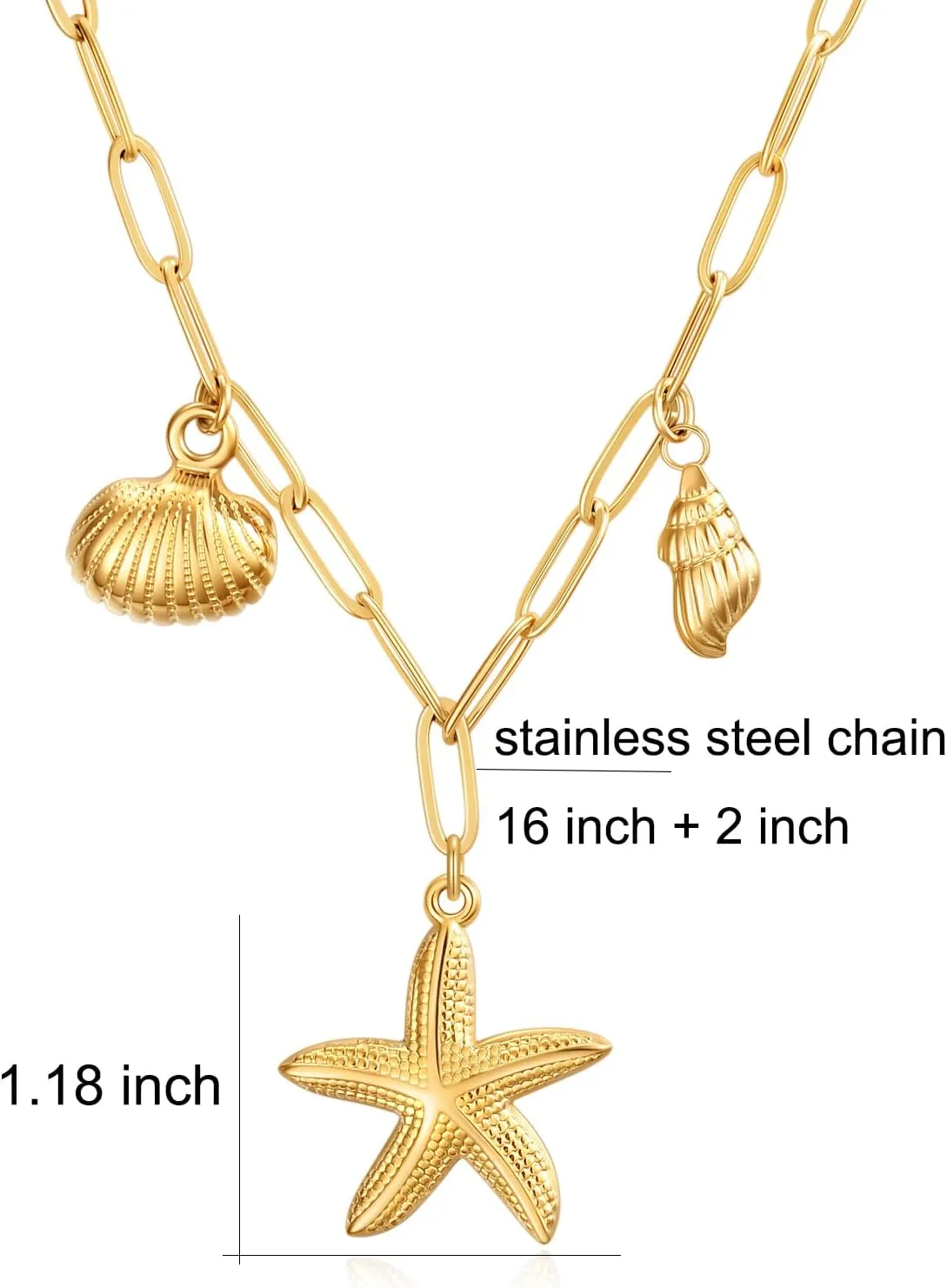 Rnivida Shell and Starfish Pendant Necklace for Women,14k Gold Plated Stainless Steel Summer Beach Jewelry Gift for Her