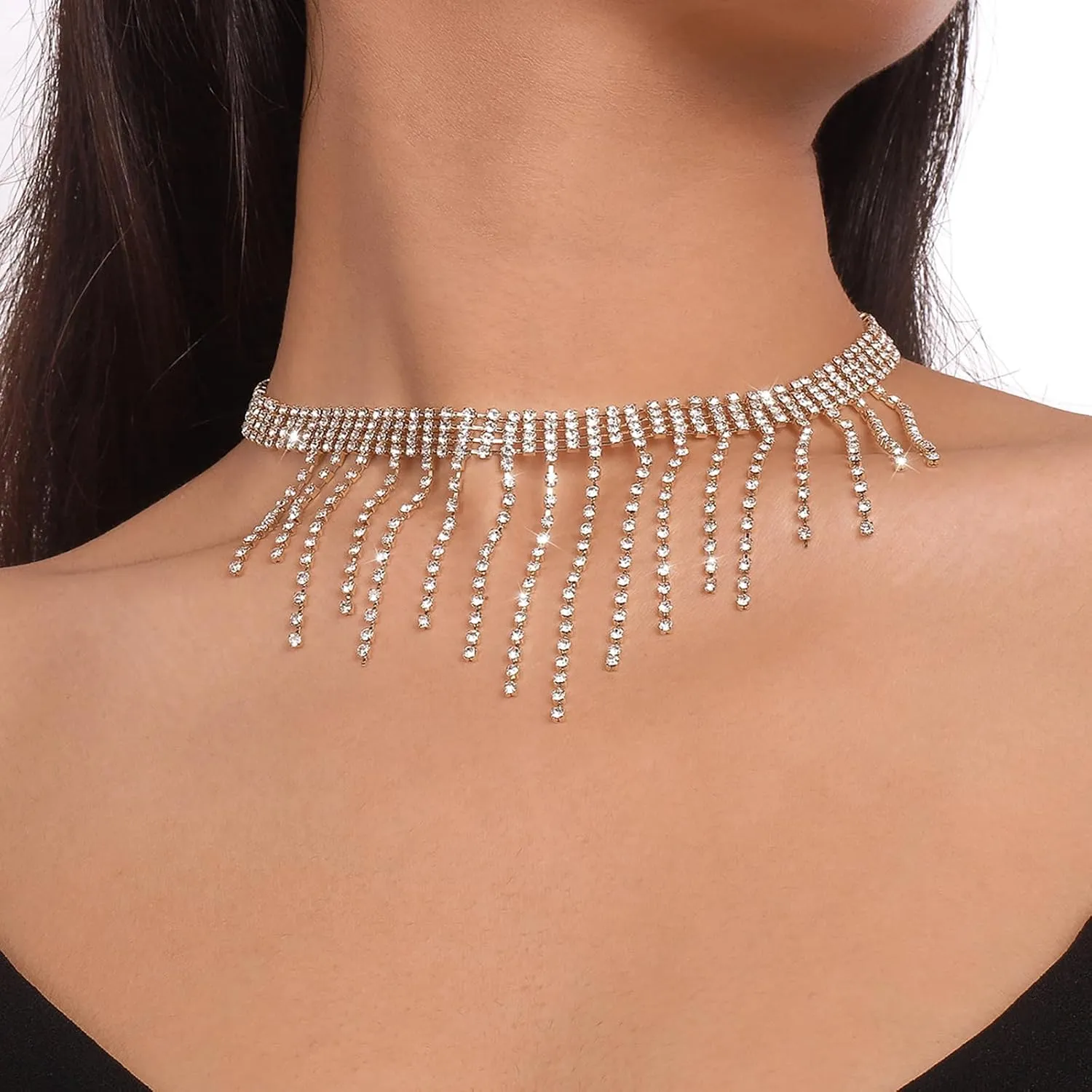 Roe Dolph Tennis Necklace for Women Rhinestone Choker Necklace Layered Sparkling Heart Choker Necklace Crystal Tassel Necklace Silver Jewelry Party Prom Necklace Gifts