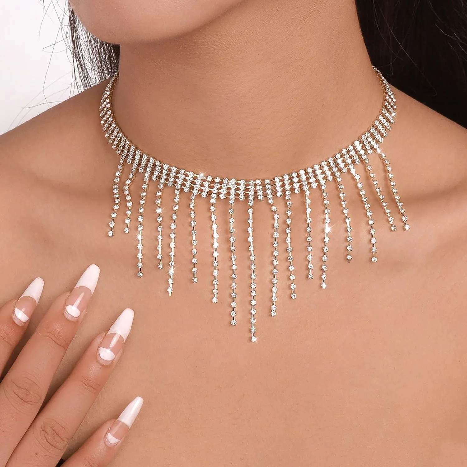 Roe Dolph Tennis Necklace for Women Rhinestone Choker Necklace Layered Sparkling Heart Choker Necklace Crystal Tassel Necklace Silver Jewelry Party Prom Necklace Gifts