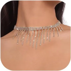Roe Dolph Tennis Necklace for Women Rhinestone Choker Necklace Layered Sparkling Heart Choker Necklace Crystal Tassel Necklace Silver Jewelry Party Prom Necklace Gifts