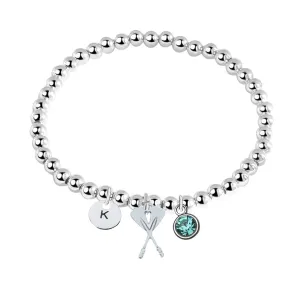 Rowing Oar Gift, Personalized Rowing Oar Beaded Bracelet with Initial Letter and Birthstone Charm, Rowing Oar Adjustable Jewelry, Custom Rowing Oar Lover Accessories for Girls