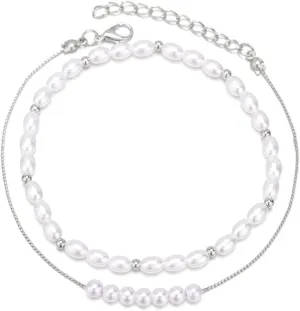 Rrdaily Boho Pearl Ankle Bracelet for Women Girls, Silver Double Layered Pearl Beaded Anklet Beach Foot Chain Jewelry Gifts