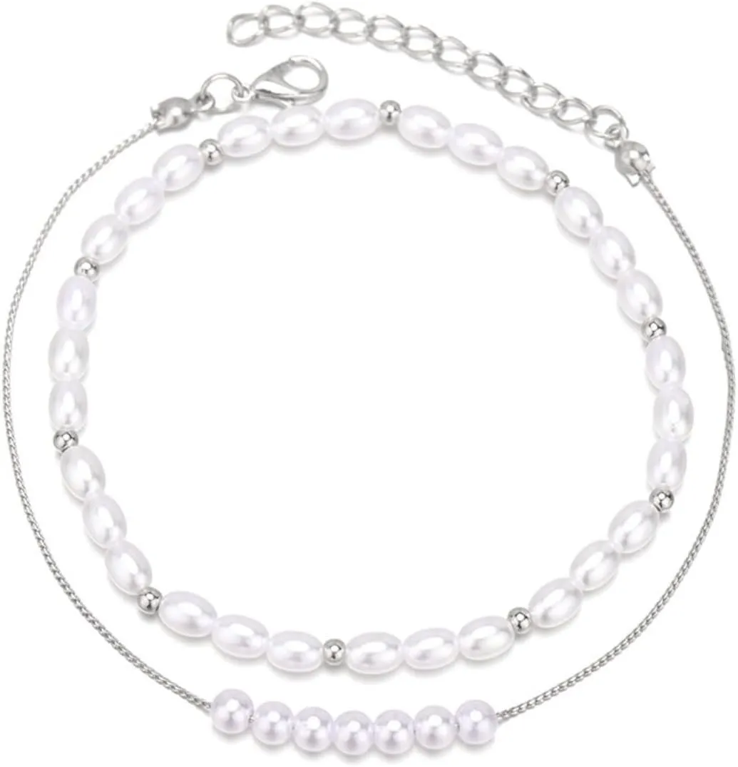 Rrdaily Boho Pearl Ankle Bracelet for Women Girls, Silver Double Layered Pearl Beaded Anklet Beach Foot Chain Jewelry Gifts