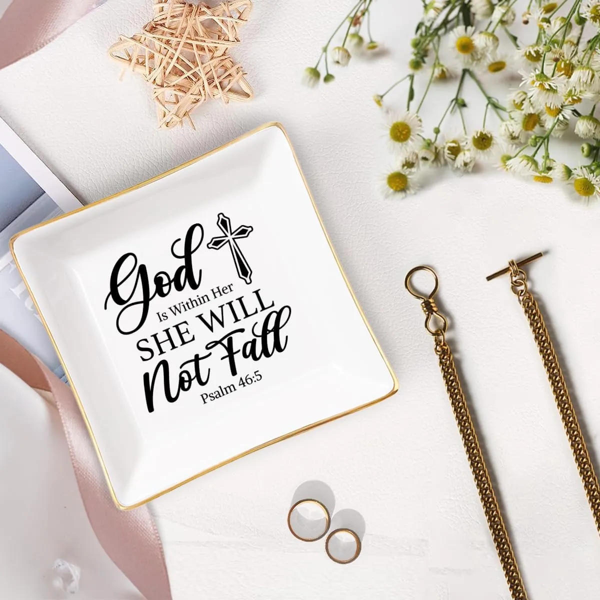 SANDJEST Christian Gifts for Women Ceramic Jewelry Tray God Is Within Her She Will Not Fall Trinket Tray Plate Holder Religious Inspirational Birthday Present Gift for Sister Daughter Mother Aunt