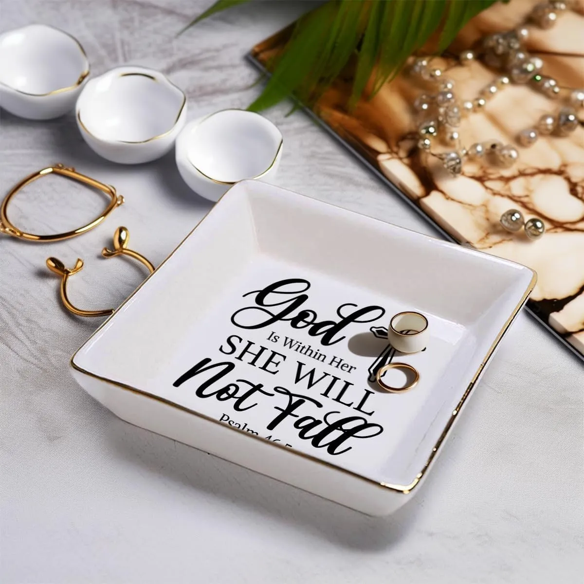 SANDJEST Christian Gifts for Women Ceramic Jewelry Tray God Is Within Her She Will Not Fall Trinket Tray Plate Holder Religious Inspirational Birthday Present Gift for Sister Daughter Mother Aunt