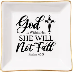SANDJEST Christian Gifts for Women Ceramic Jewelry Tray God Is Within Her She Will Not Fall Trinket Tray Plate Holder Religious Inspirational Birthday Present Gift for Sister Daughter Mother Aunt