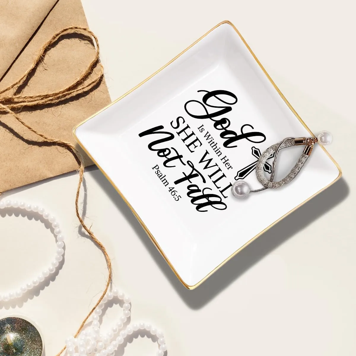 SANDJEST Christian Gifts for Women Ceramic Jewelry Tray God Is Within Her She Will Not Fall Trinket Tray Plate Holder Religious Inspirational Birthday Present Gift for Sister Daughter Mother Aunt