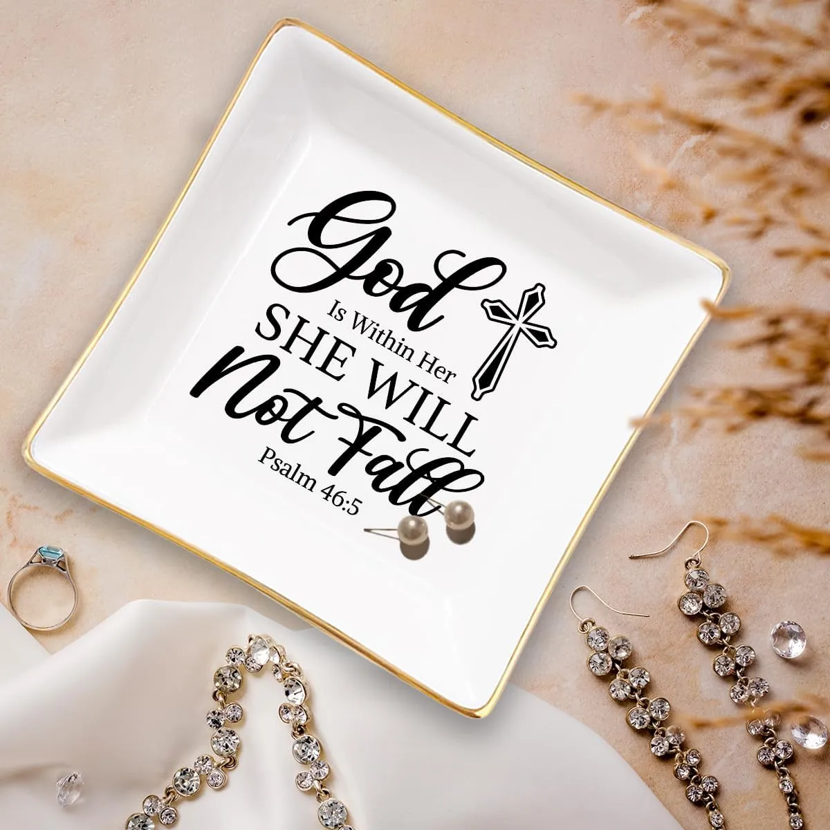 SANDJEST Christian Gifts for Women Ceramic Jewelry Tray God Is Within Her She Will Not Fall Trinket Tray Plate Holder Religious Inspirational Birthday Present Gift for Sister Daughter Mother Aunt