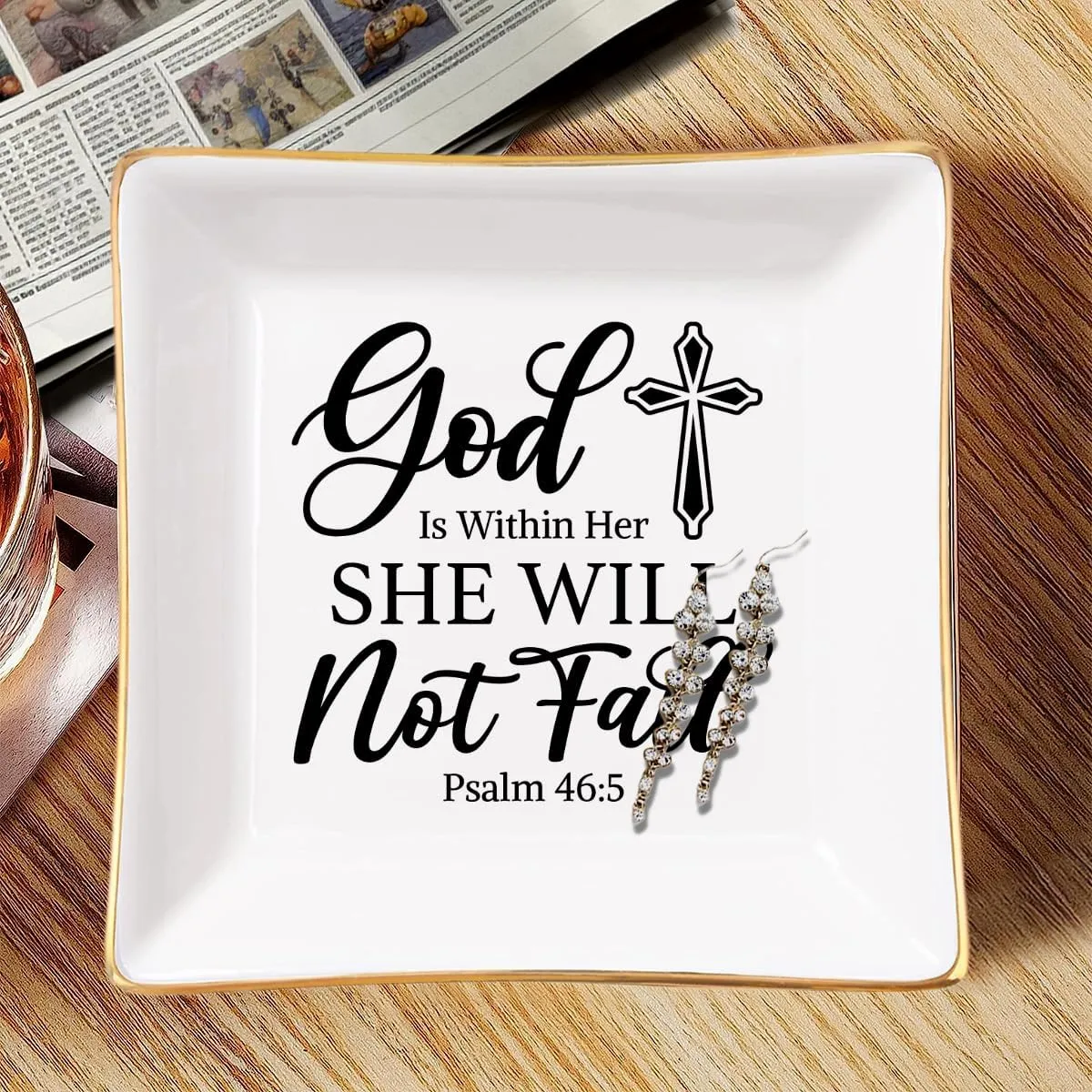 SANDJEST Christian Gifts for Women Ceramic Jewelry Tray God Is Within Her She Will Not Fall Trinket Tray Plate Holder Religious Inspirational Birthday Present Gift for Sister Daughter Mother Aunt