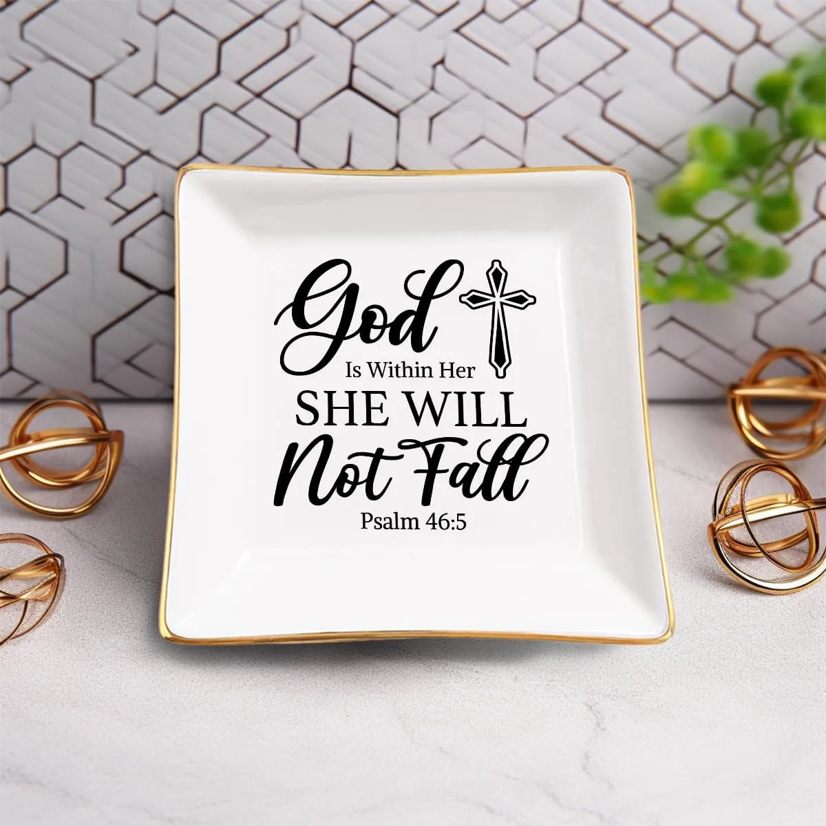 SANDJEST Christian Gifts for Women Ceramic Jewelry Tray God Is Within Her She Will Not Fall Trinket Tray Plate Holder Religious Inspirational Birthday Present Gift for Sister Daughter Mother Aunt