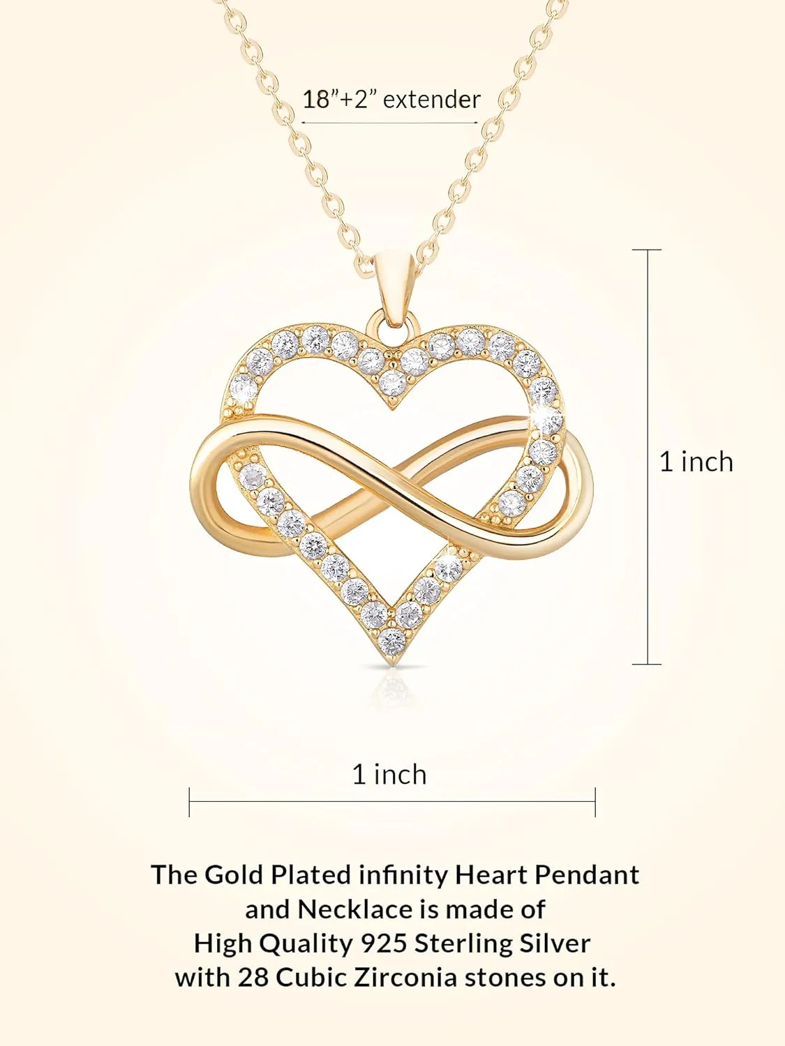 Sash & Soph Infinity Heart Necklace for Women. 925 Sterling Silver Heart Necklace for Girlfriend, Love Heart Pendant on 18" Chain with 2" Extender (Rose Gold or Gold Plated)