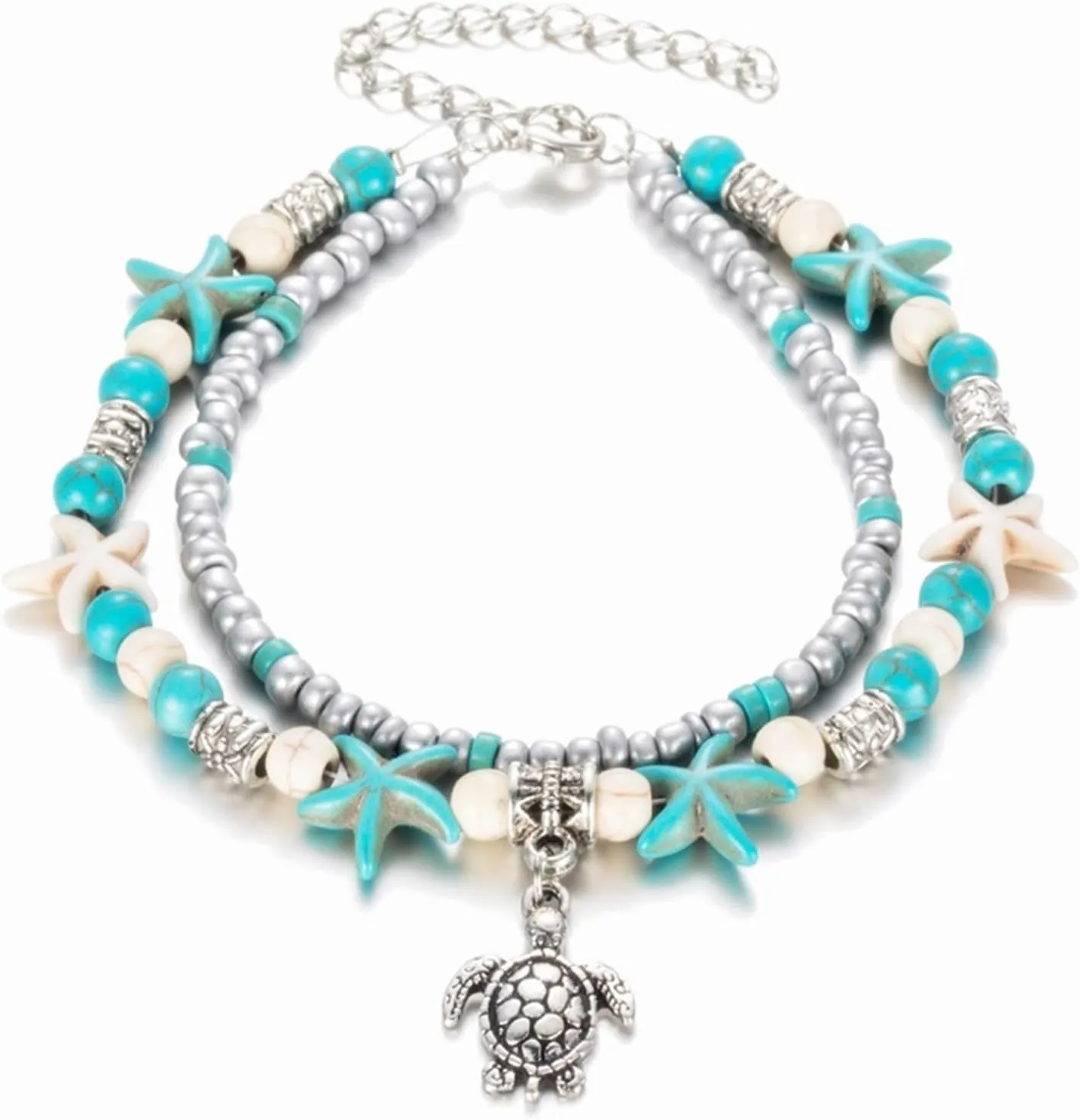 Sea Turtle Starfish Anklet for Women Handmade Bohemian Layered Blue Ocean Animal Turtles Beaded Adjustable Anklets Foot Jewelry for Boho Summer Hawaiian Beach Holiday Party Jewelry Gifts