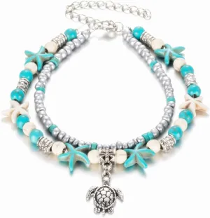 Sea Turtle Starfish Anklet for Women Handmade Bohemian Layered Blue Ocean Animal Turtles Beaded Adjustable Anklets Foot Jewelry for Boho Summer Hawaiian Beach Holiday Party Jewelry Gifts