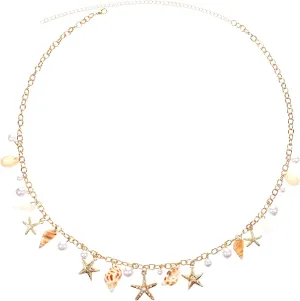 Seashell Belt, Gold Exquisite Waist Chain Pearl Starfish Waist Jewelry for Women with 1 Box for Summer Beach Swimming Pool Seaside