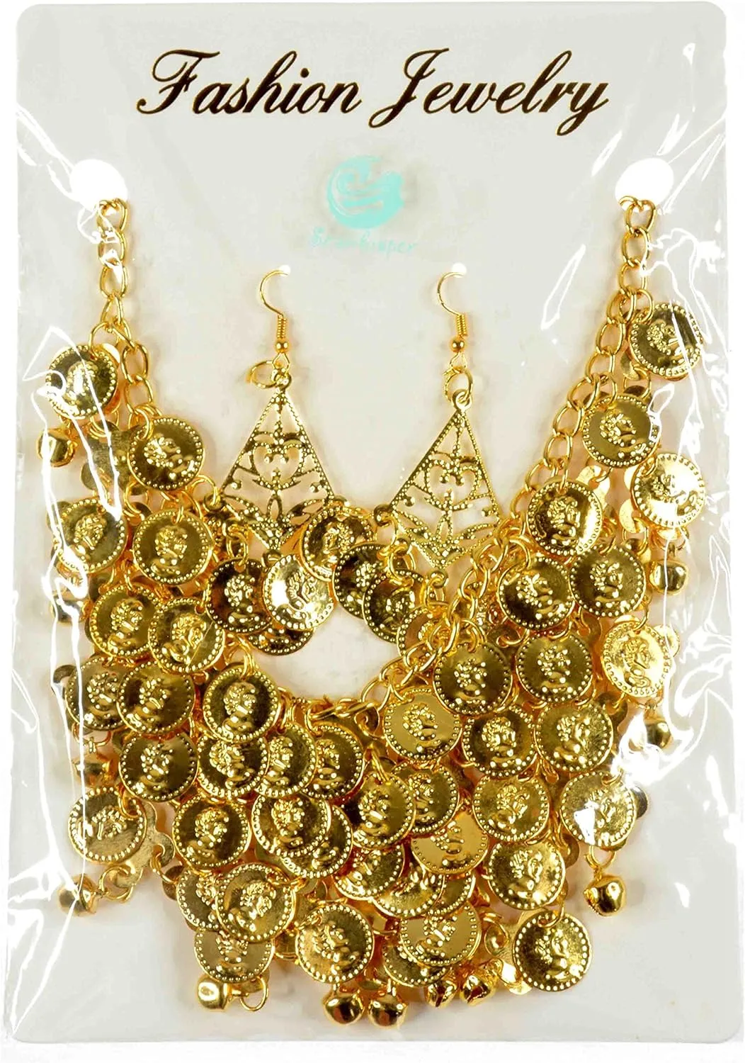 Seawhisper Belly Dance Golden/Silver Coins Necklace and Earrings Bracelets