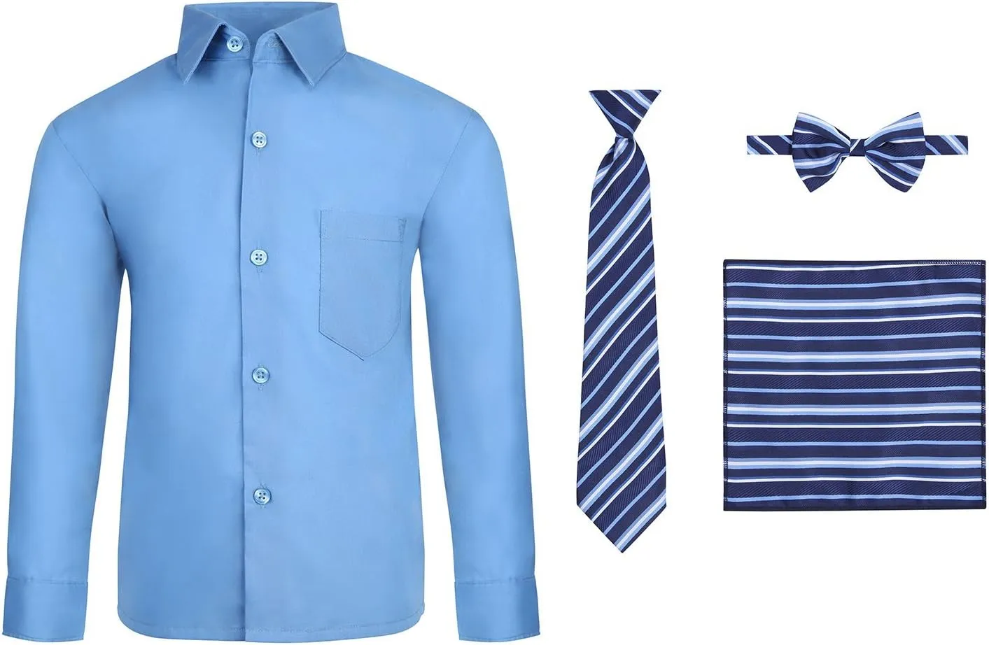 S.H. Churchill & Co. Boy's 4 Piece Dress Shirt Set with Long Tie, Bow Tie and Hanky