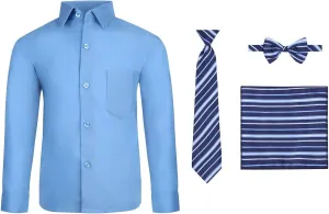 S.H. Churchill & Co. Boy's 4 Piece Dress Shirt Set with Long Tie, Bow Tie and Hanky