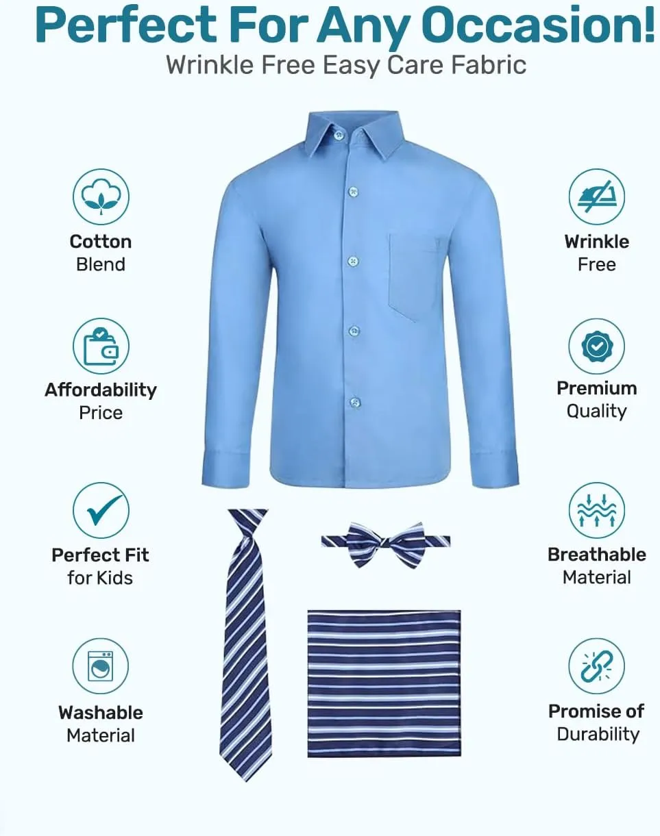 S.H. Churchill & Co. Boy's 4 Piece Dress Shirt Set with Long Tie, Bow Tie and Hanky