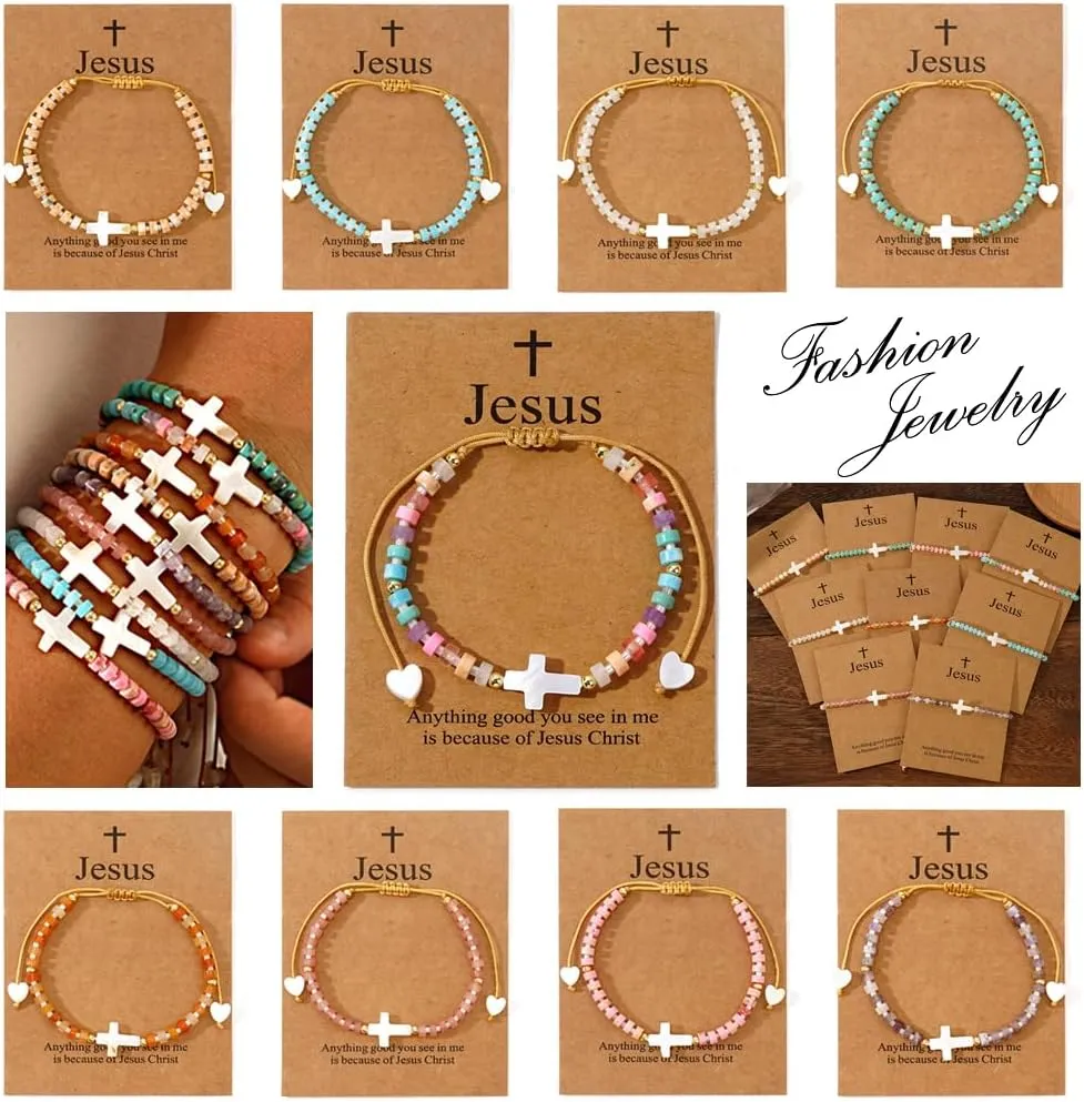 SHINUS BOH0 Goth Cross Stone Beaded Stacking Bracelets for Women, Boho Strand Gemstone Beads Adjustable Friendship Fashion Jewelry Gift.