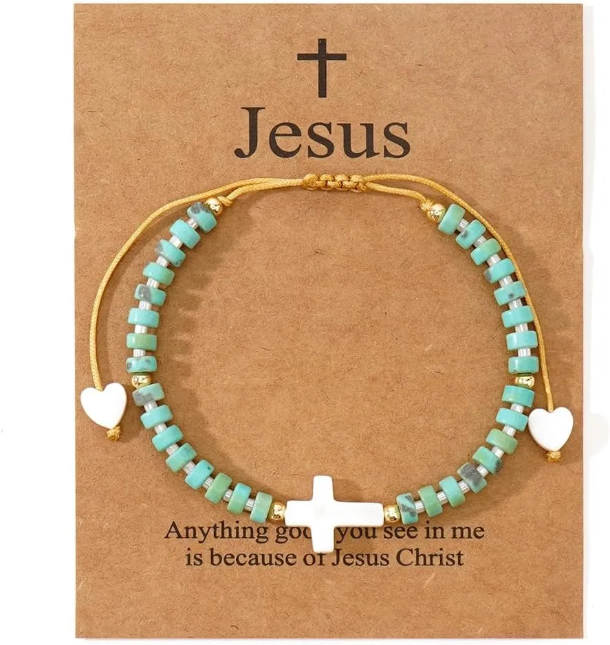 SHINUS BOH0 Goth Cross Stone Beaded Stacking Bracelets for Women, Boho Strand Gemstone Beads Adjustable Friendship Fashion Jewelry Gift.