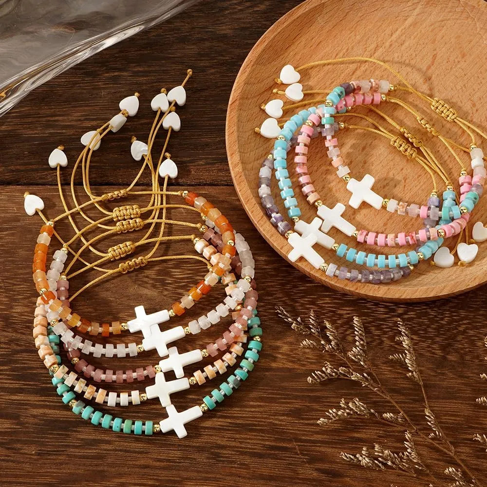 SHINUS BOH0 Goth Cross Stone Beaded Stacking Bracelets for Women, Boho Strand Gemstone Beads Adjustable Friendship Fashion Jewelry Gift.