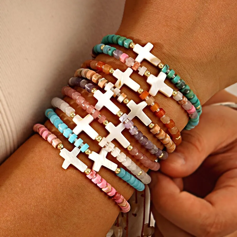 SHINUS BOH0 Goth Cross Stone Beaded Stacking Bracelets for Women, Boho Strand Gemstone Beads Adjustable Friendship Fashion Jewelry Gift.